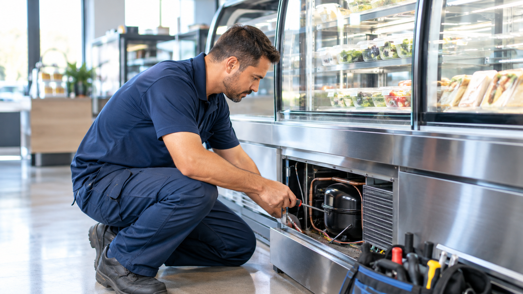 Technician servicing commercial refrigeration at Inacio Refrigeration