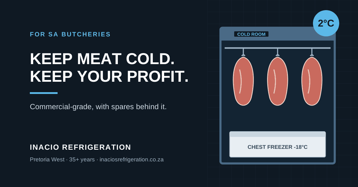 Butchery cold room with hanging meat and commercial chest freezer